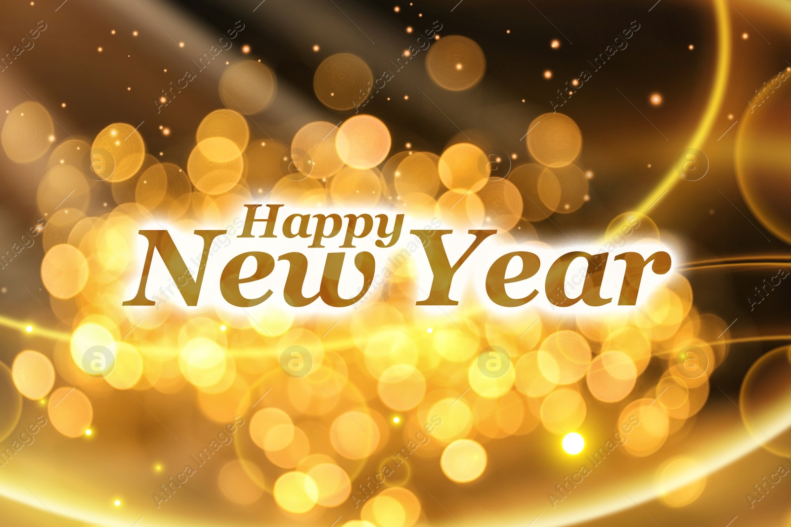 Illustration of Text Happy New Year on festive background with blurred lights, bokeh effect