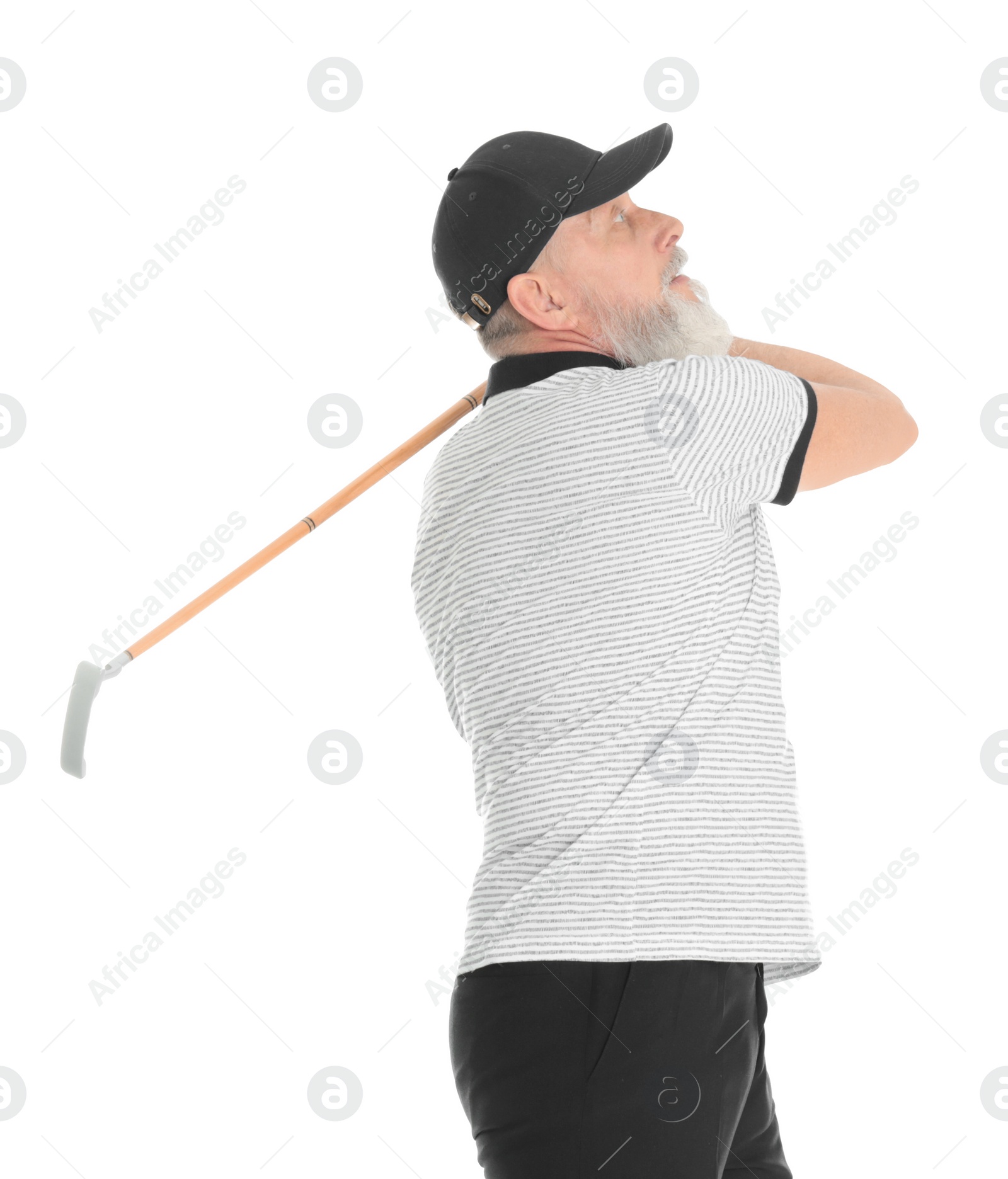 Photo of Senior man playing golf on white background