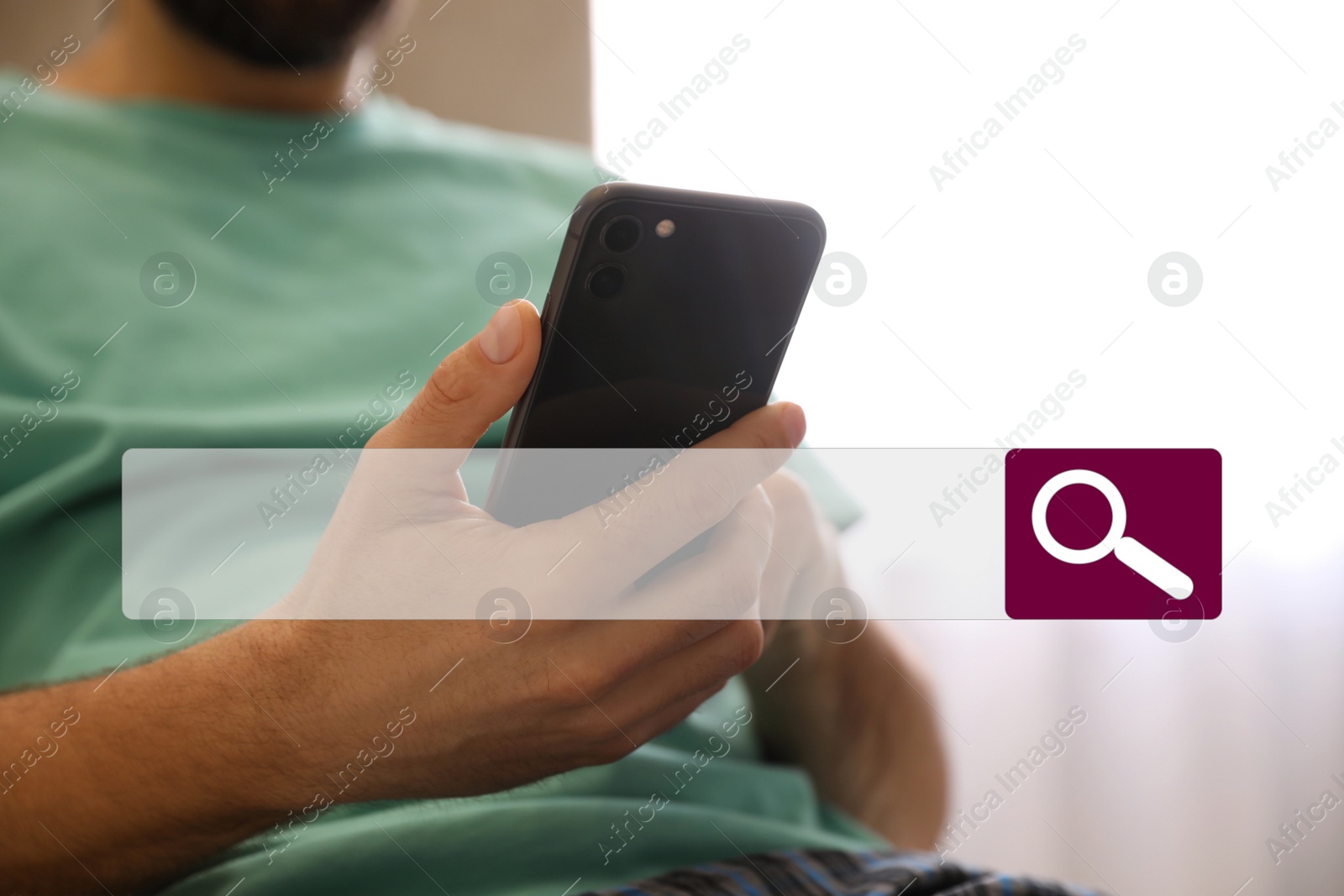 Image of Search bar of internet browser and man using smartphone indoors, closeup