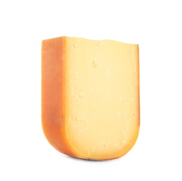 Photo of Piece of tasty cheddar cheese isolated on white