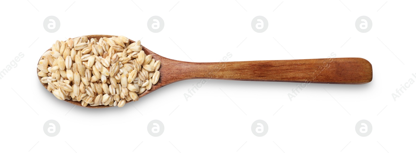 Photo of Wooden spoon with raw pearl barley isolated on white, top view