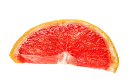 Photo of Slice of ripe juicy grapefruit on white background