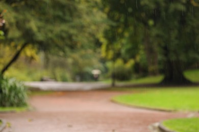 Blurred view of pathway in park on rainy day