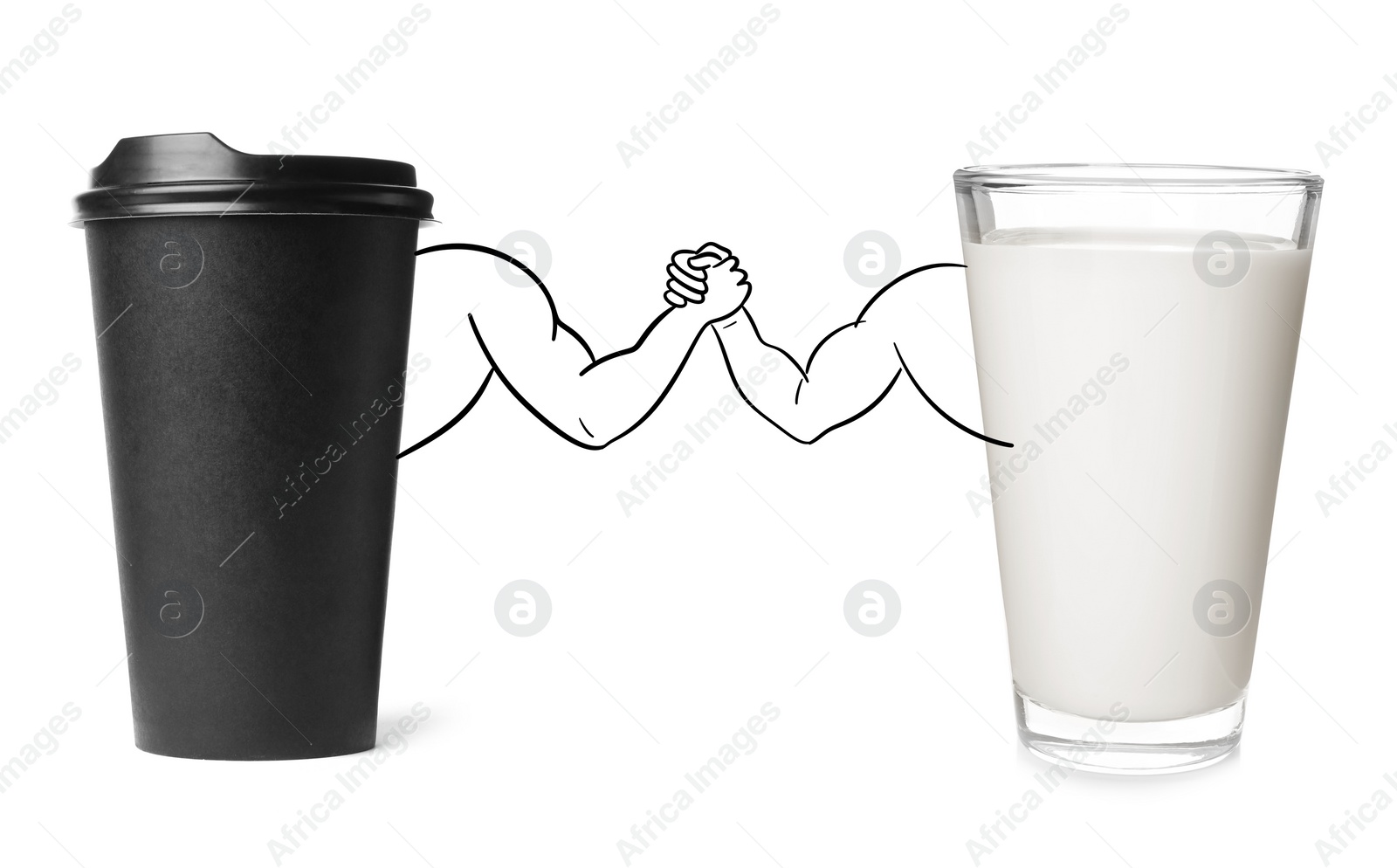 Image of Takeaway cup of coffee and glass of milk handshaking on white background. Illustration of bodybuilders' arms