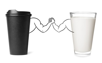Image of Takeaway cup of coffee and glass of milk handshaking on white background. Illustration of bodybuilders' arms