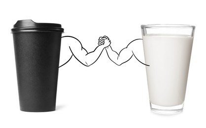 Takeaway cup of coffee and glass of milk handshaking on white background. Illustration of bodybuilders' arms