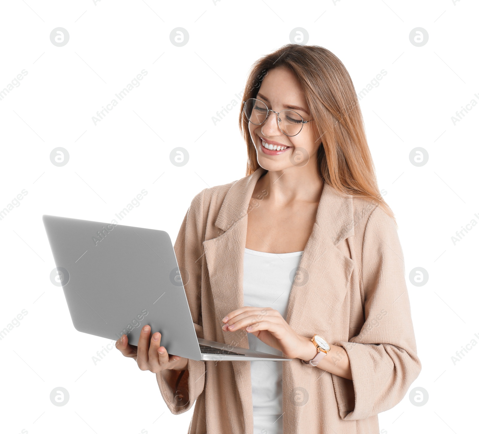 Photo of Portrait of young woman in office wear with laptop on white background