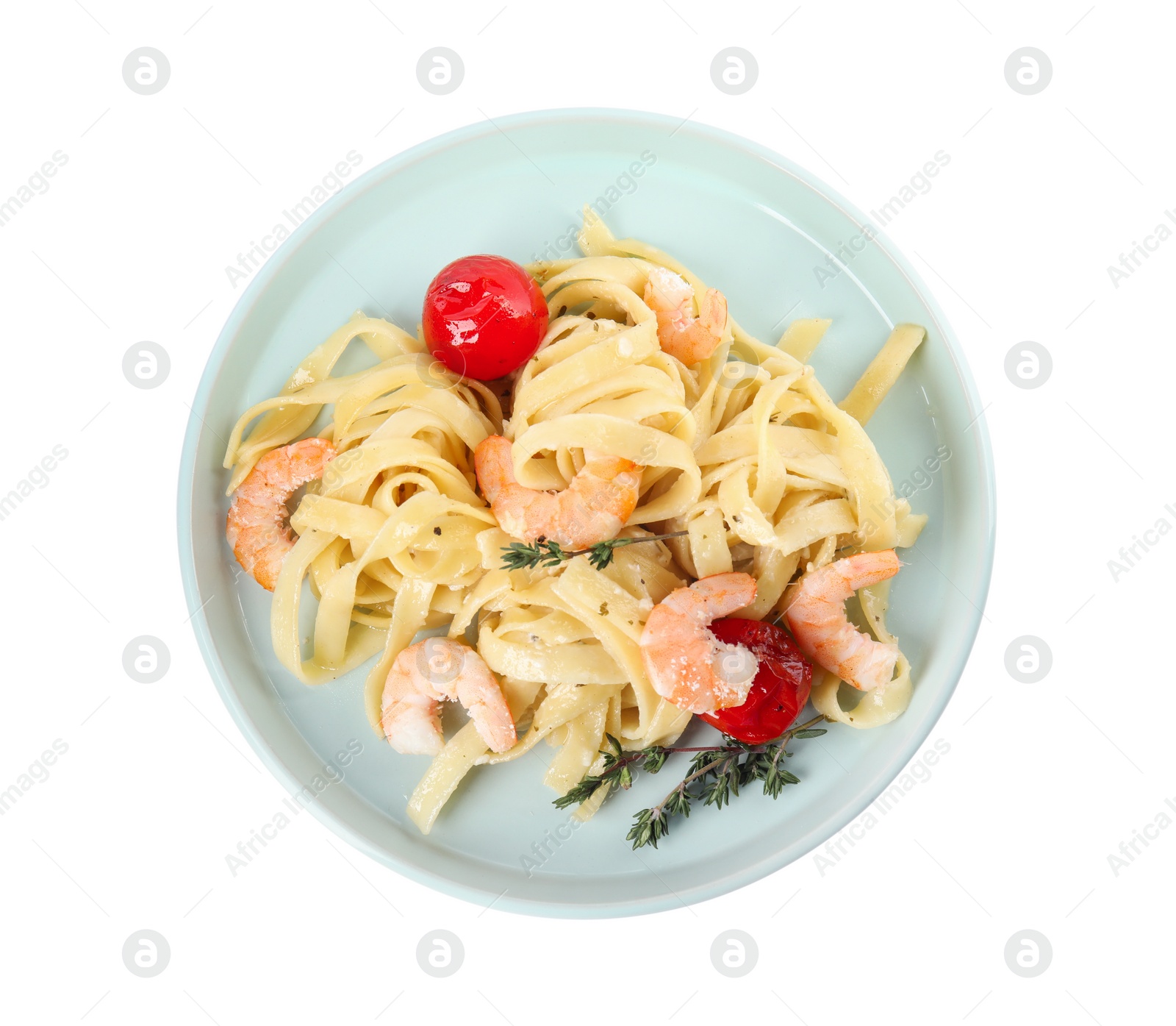 Photo of Delicious pasta with shrimps isolated on white, top view