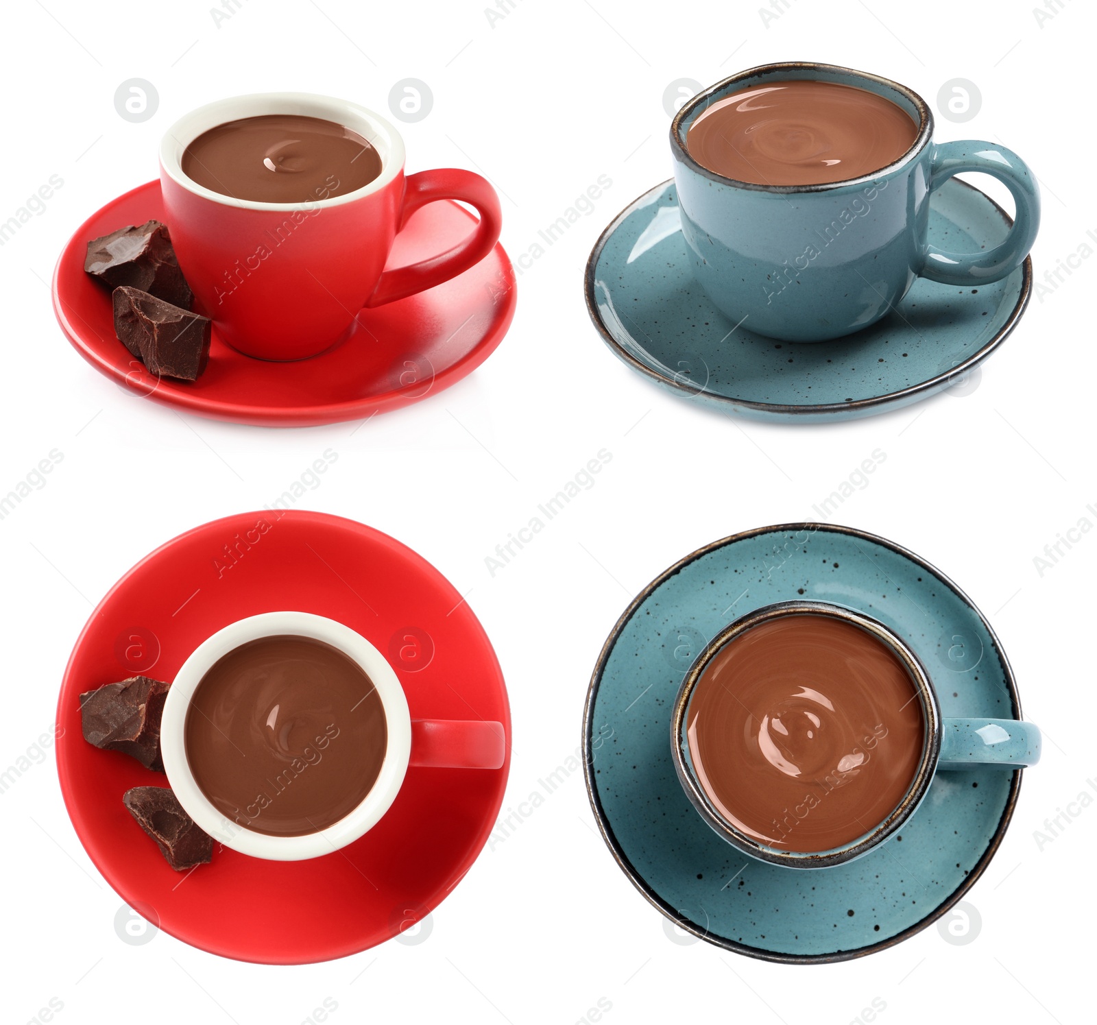 Image of Delicious hot chocolate in cups isolated on white, top and side views