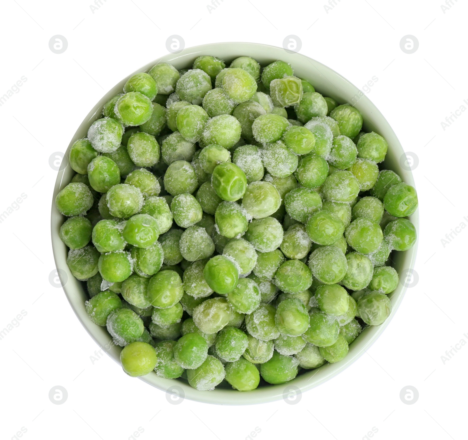 Photo of Frozen peas in bowl isolated on white, top view. Vegetable preservation