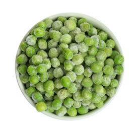 Photo of Frozen peas in bowl isolated on white, top view. Vegetable preservation