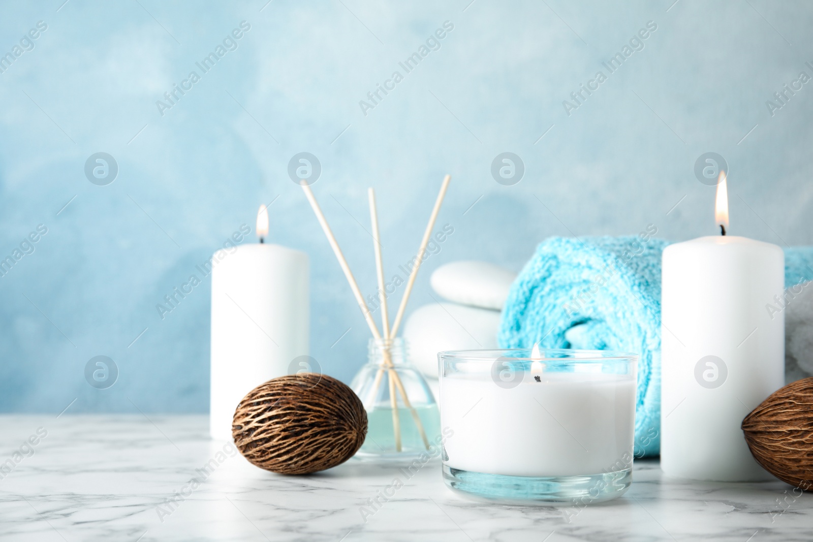 Photo of Beautiful spa composition with candles on table