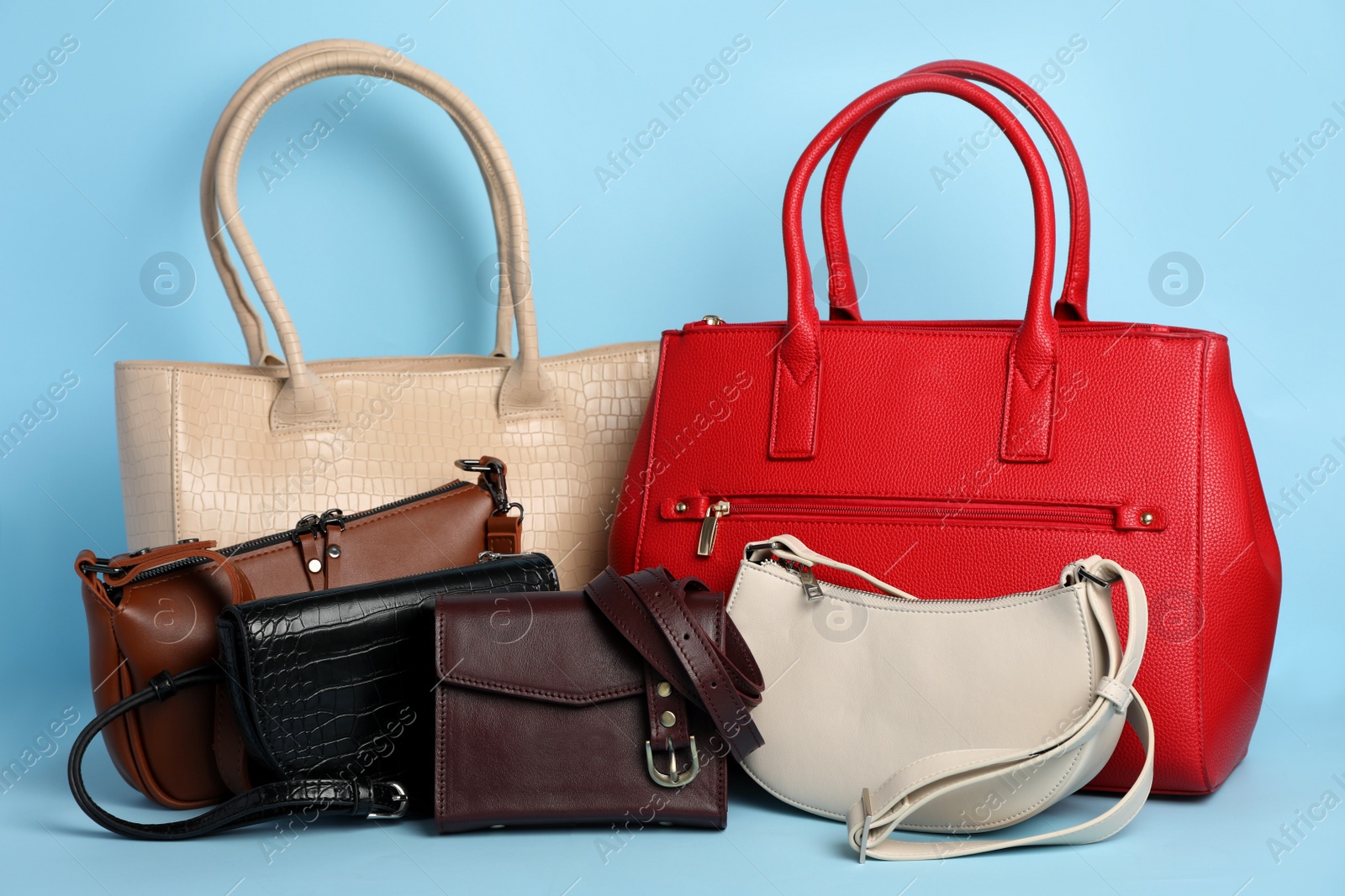 Photo of Different stylish woman's bags on light blue background