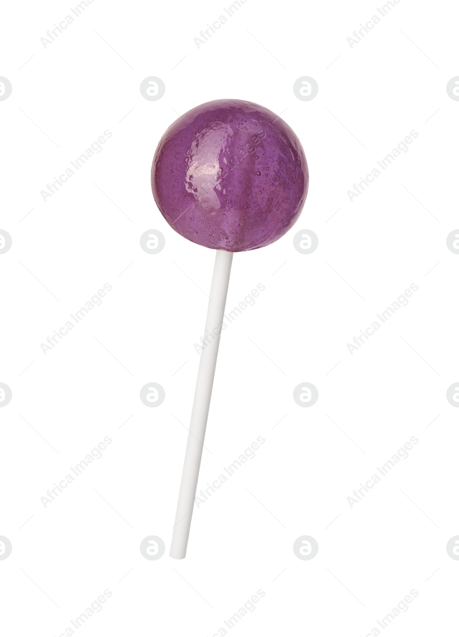 Photo of Tasty violet lollipop isolated on white. Confectionery product