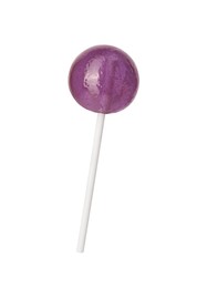 Photo of Tasty violet lollipop isolated on white. Confectionery product