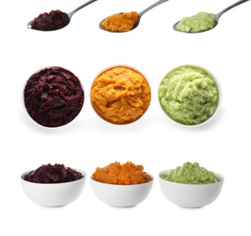 Image of Set with different tasty vegetable puree on white background