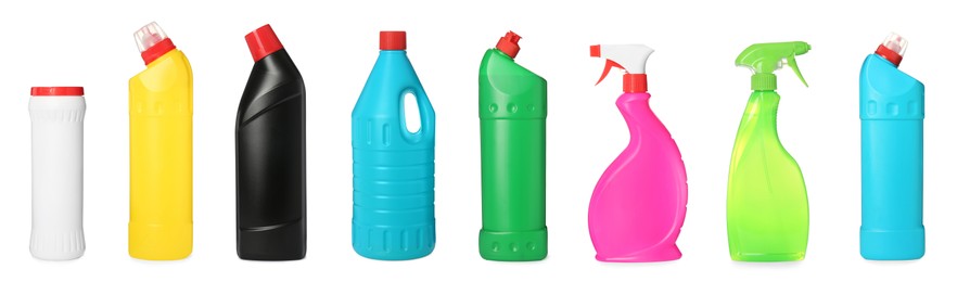 Image of Set with different toilet cleaning supplies on white background. Banner design