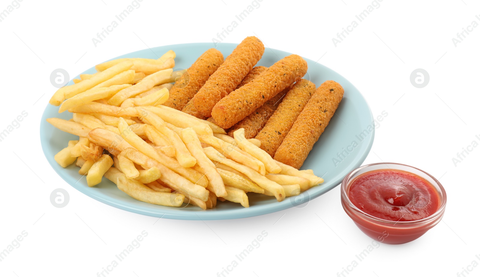 Photo of Tasty french fries, cheese sticks and ketchup on white background