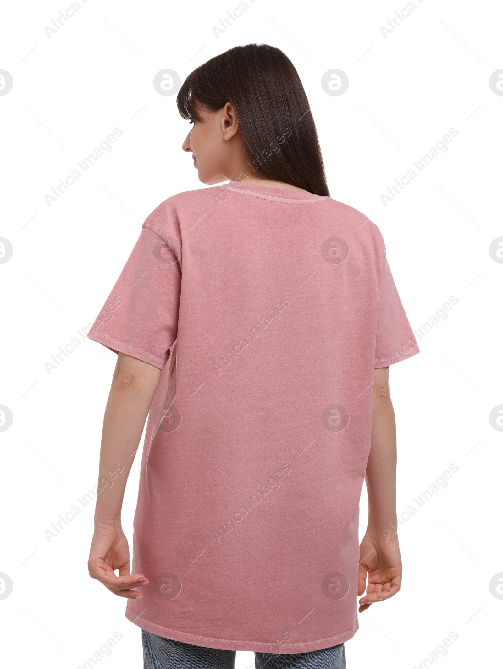 Photo of Woman in stylish pink t-shirt on white background, back view