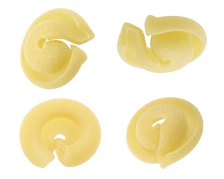 Raw dischi volanti pasta isolated on white, set