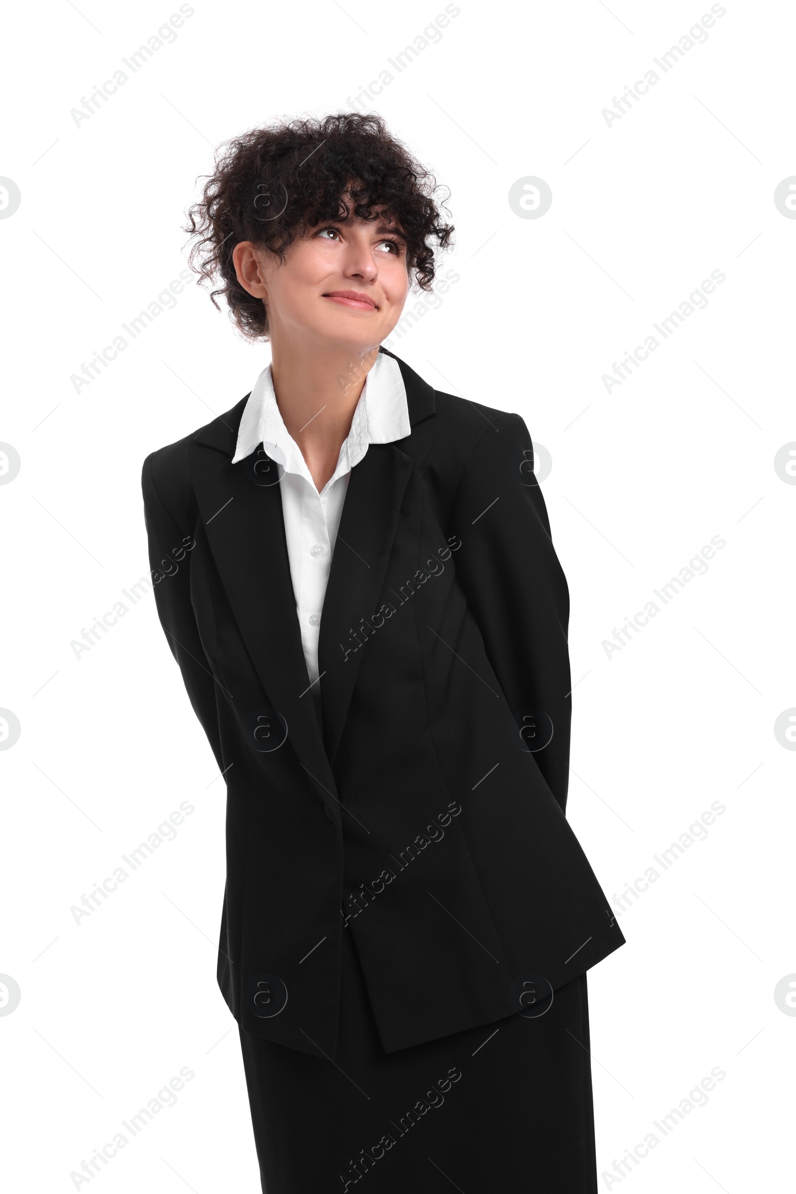 Photo of Beautiful young businesswoman in suit on white background