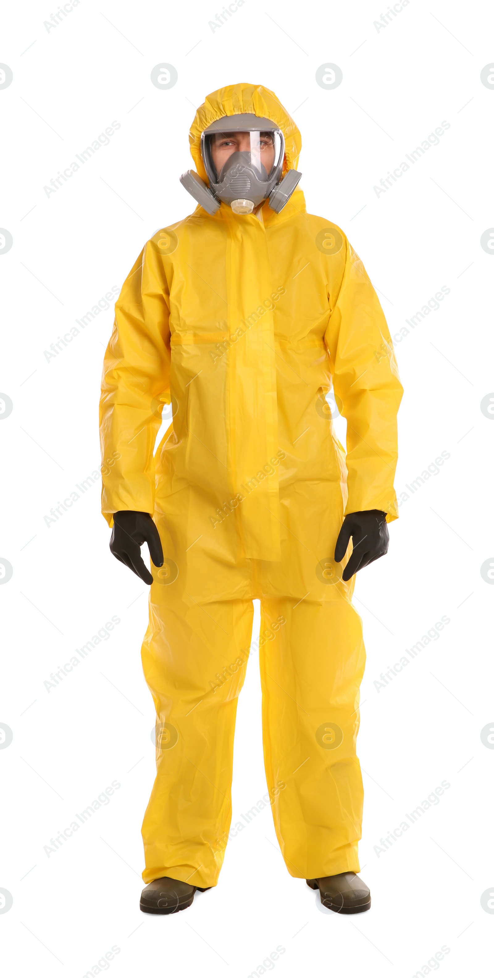 Photo of Man wearing chemical protective suit on white background. Virus research