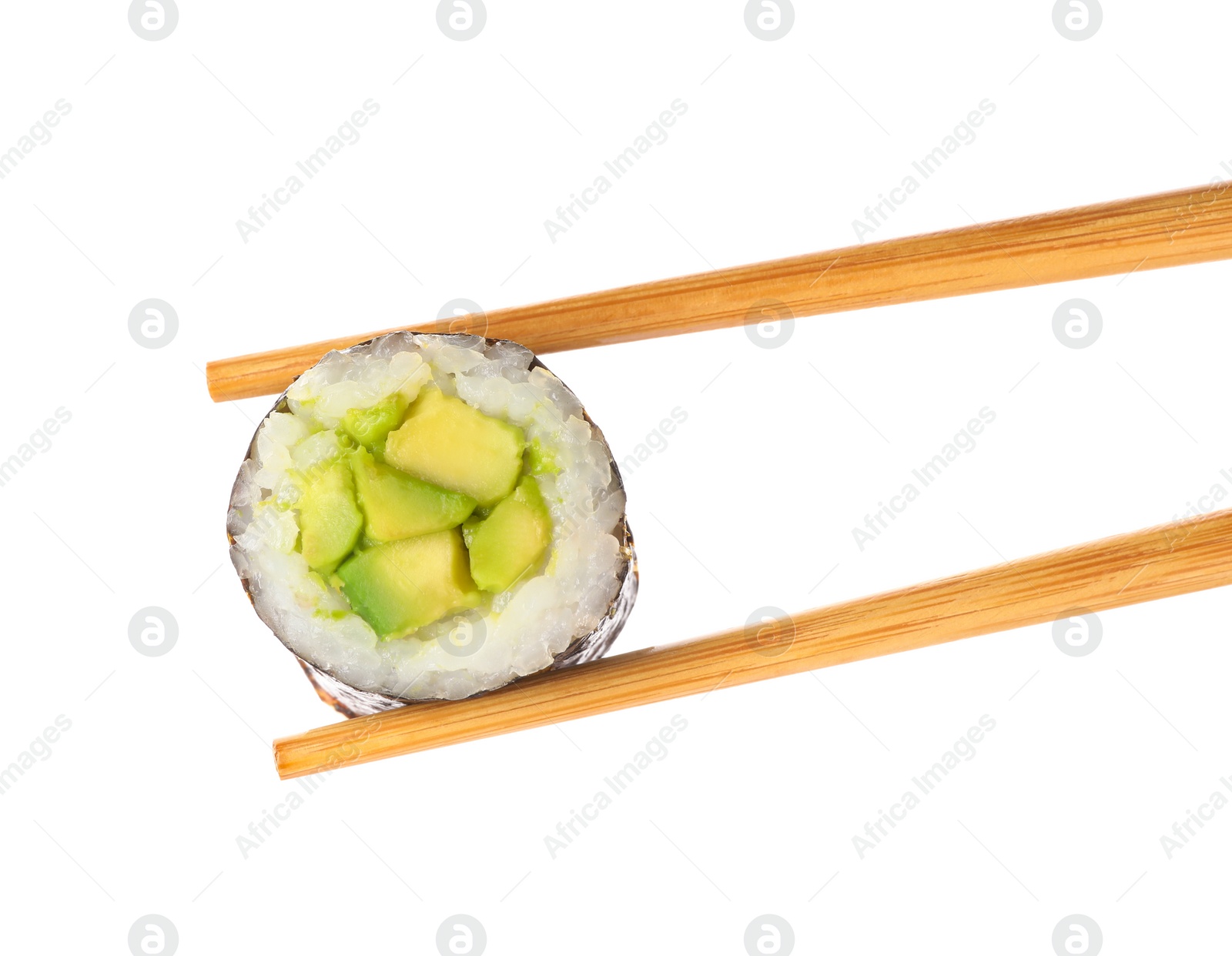 Photo of Delicious avocado sushi roll on white background
