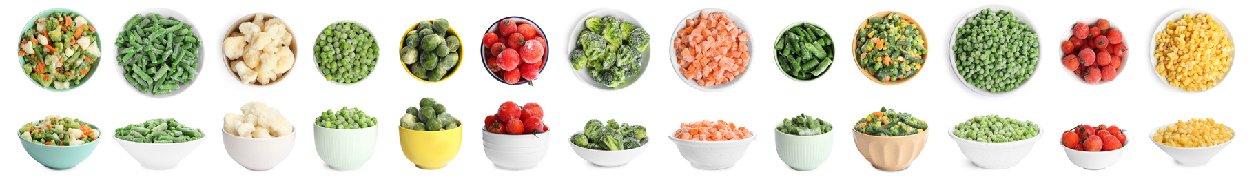 Image of Set of different frozen vegetables on white background. Banner design