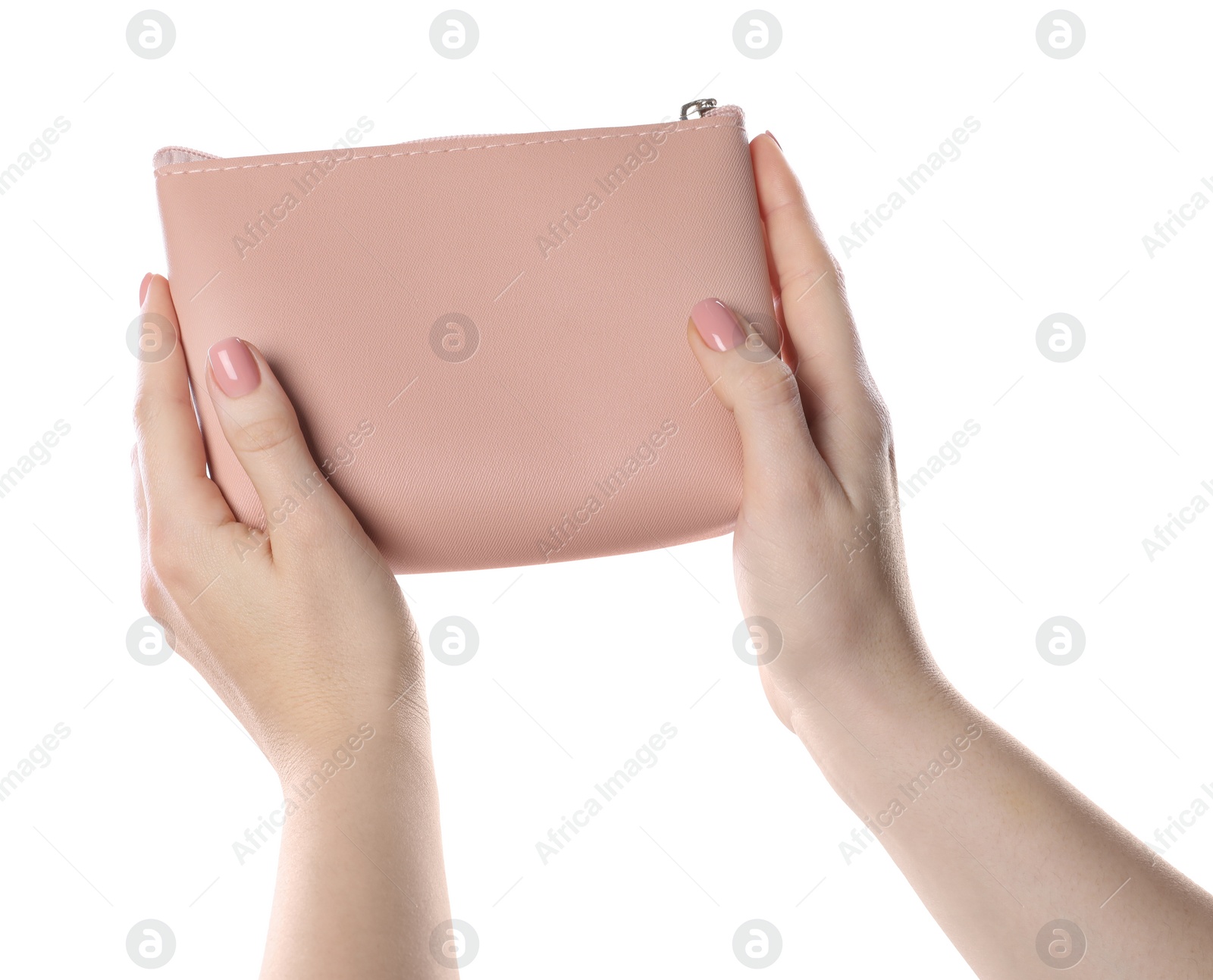 Photo of Woman with cosmetic bag isolated on white, closeup