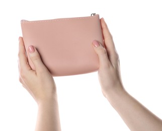 Woman with cosmetic bag isolated on white, closeup