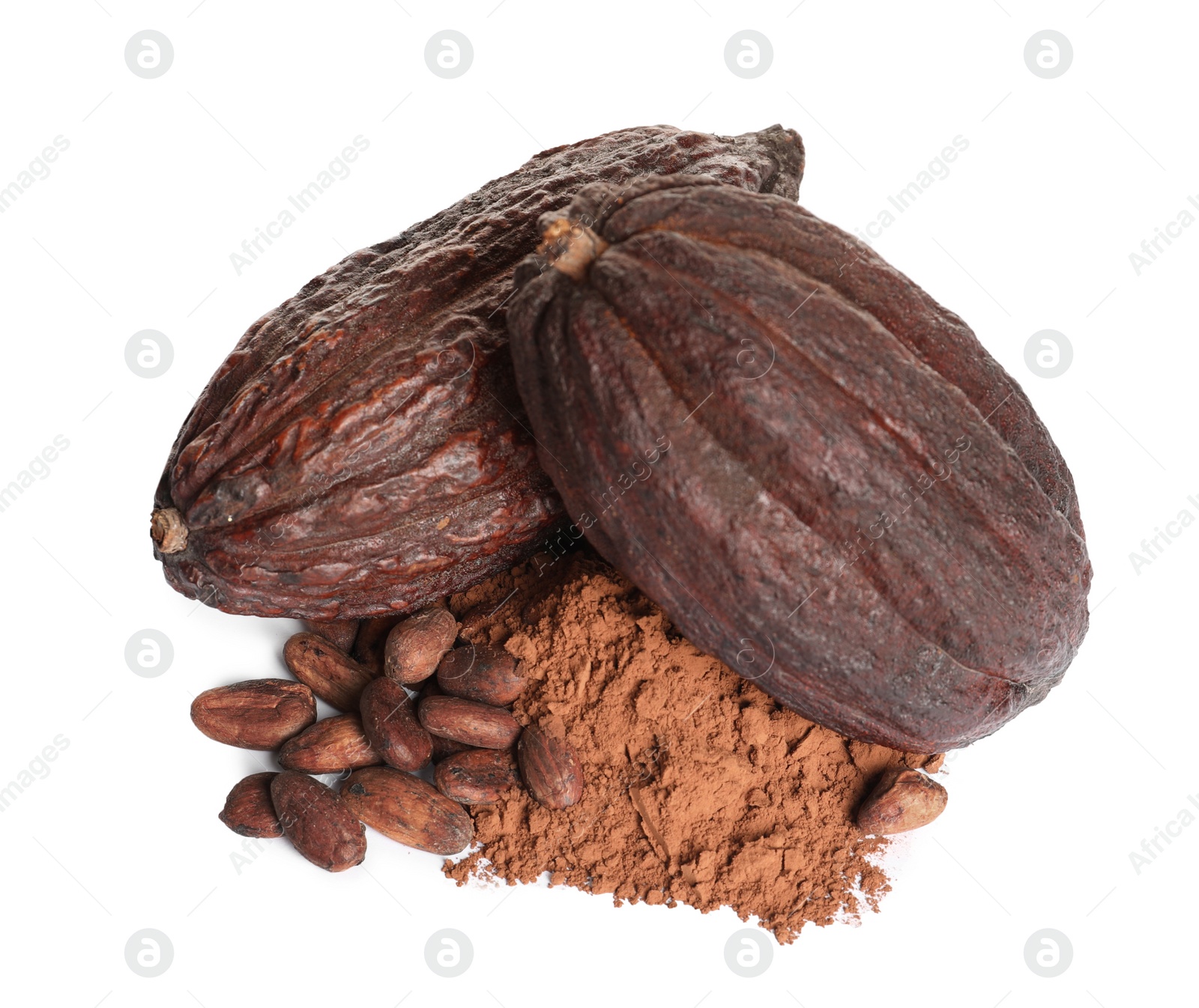 Photo of Whole cocoa pods, powder and beans on white background