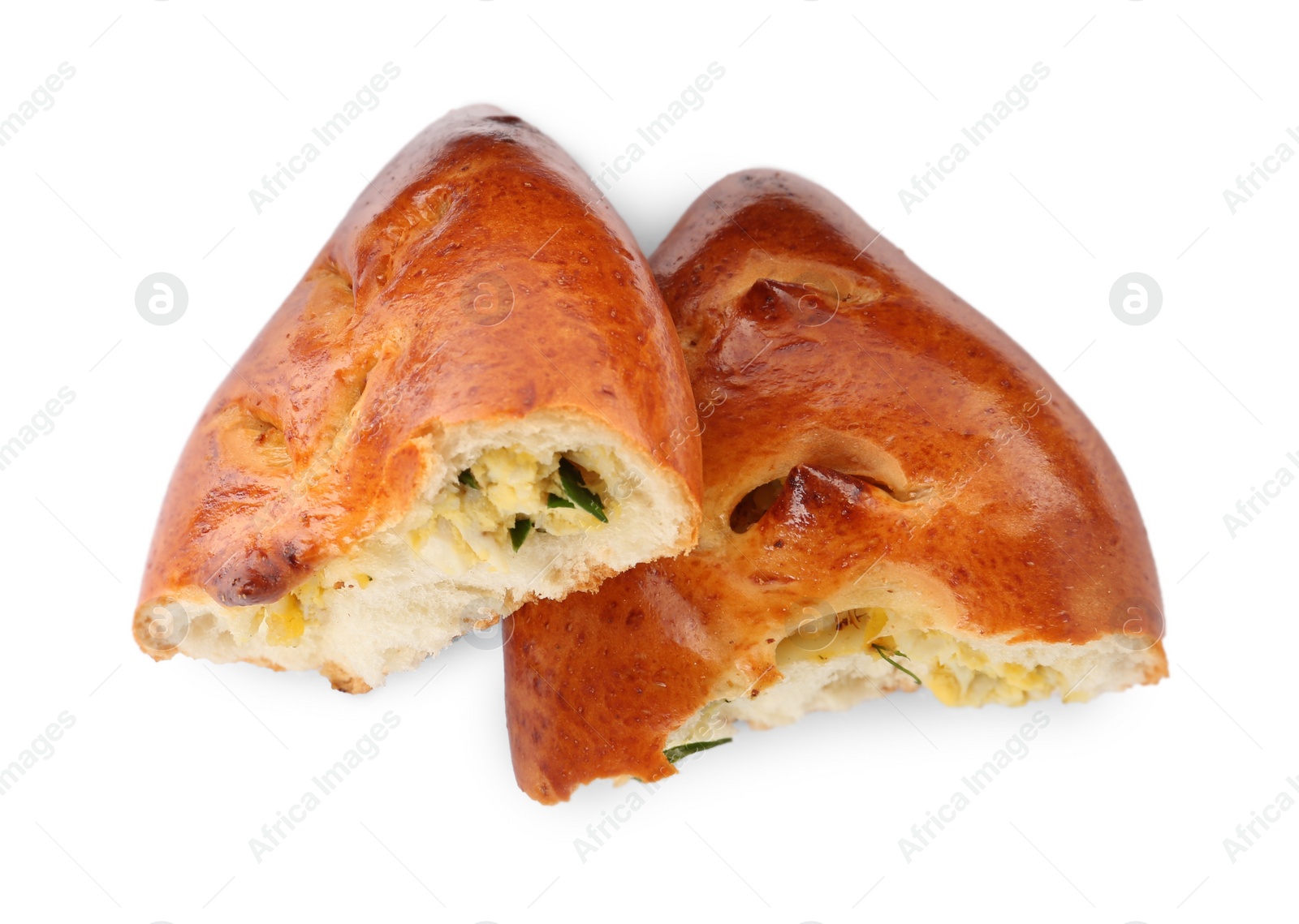 Photo of Delicious baked patty with egg on white background, top view