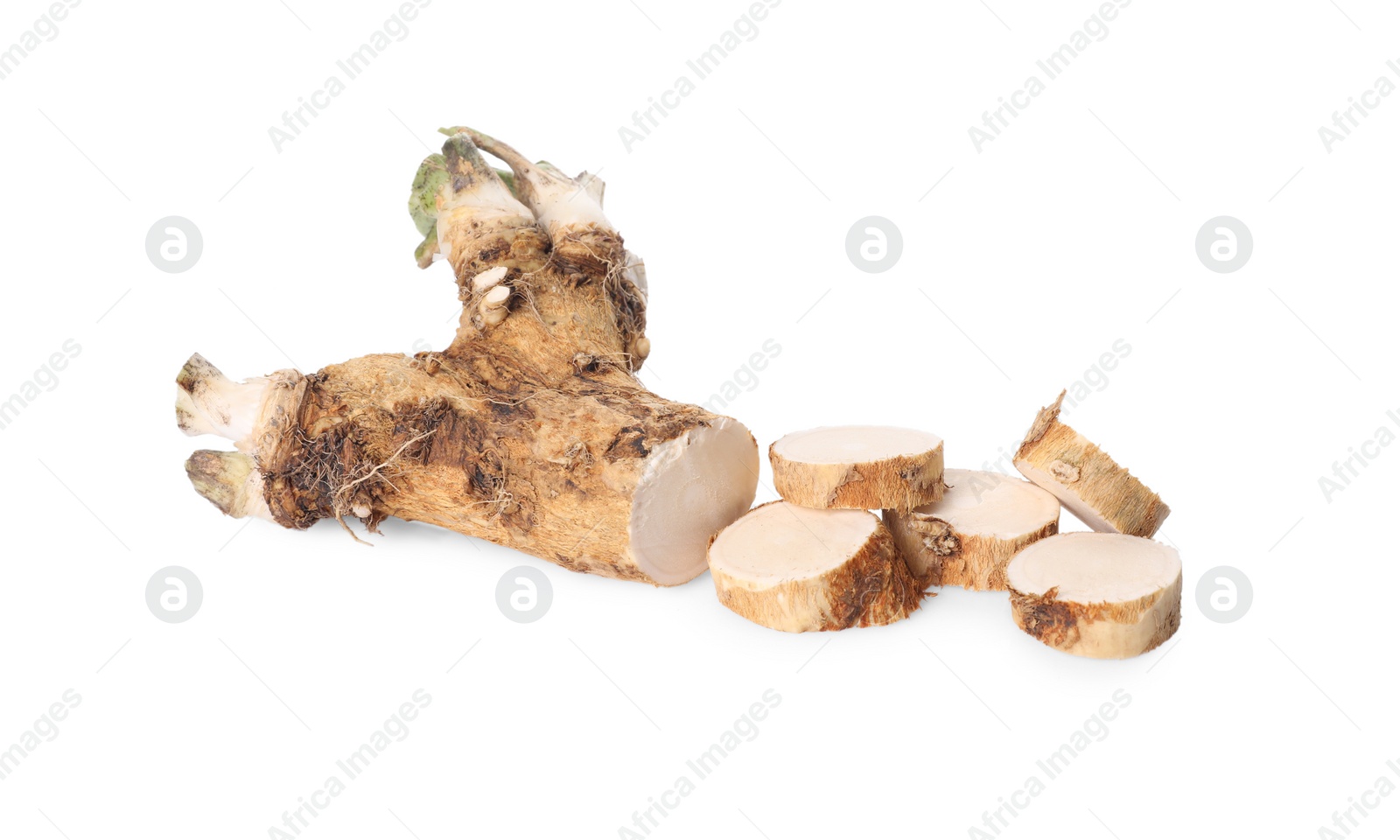 Photo of Fresh cut horseradish root isolated on white