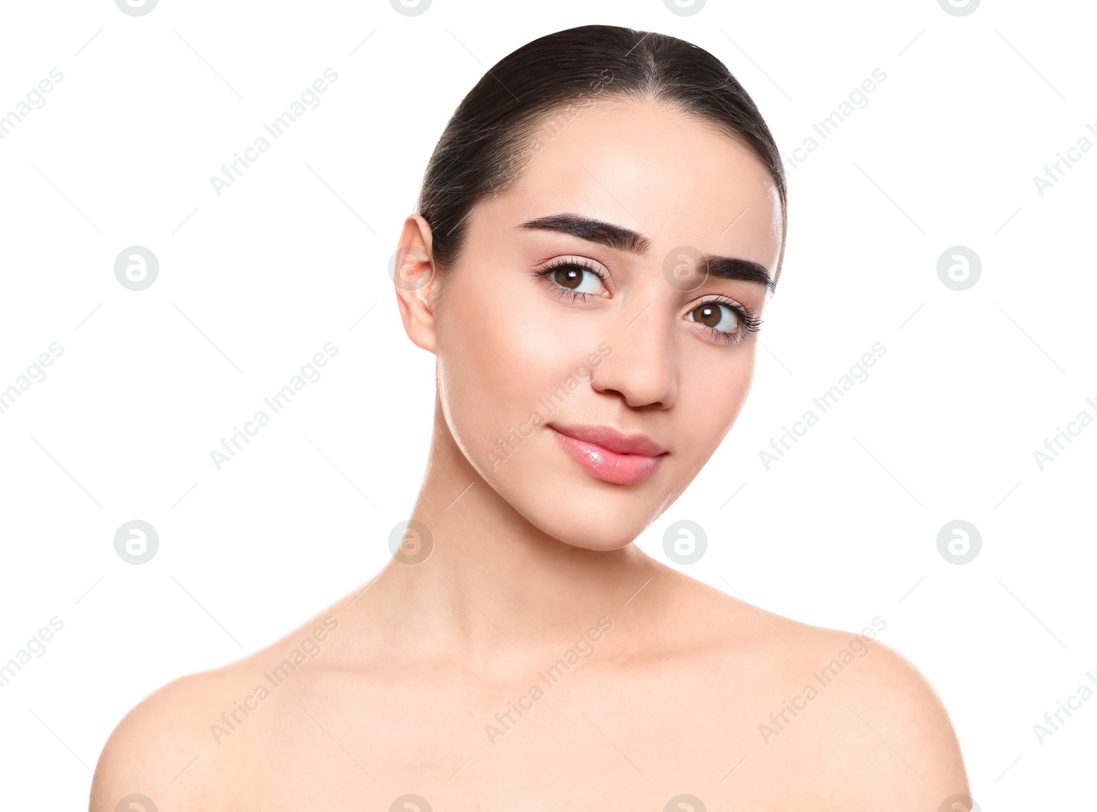 Photo of Portrait of young woman with beautiful face against white background