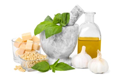 Photo of Different ingredients for cooking tasty pesto sauce isolated on white