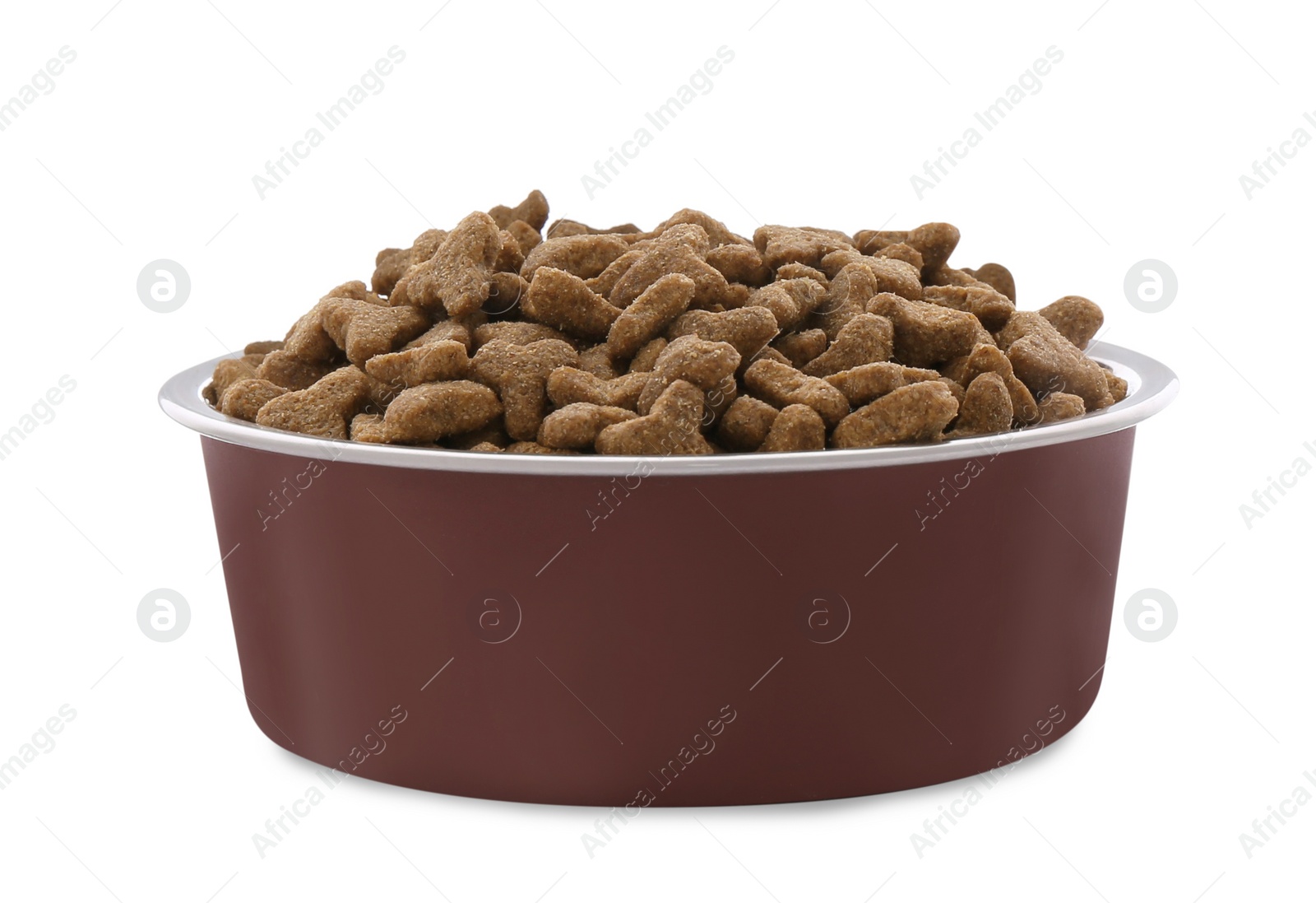 Photo of Dry food in pet bowl isolated on white