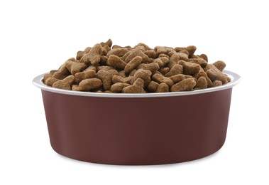 Photo of Dry food in pet bowl isolated on white