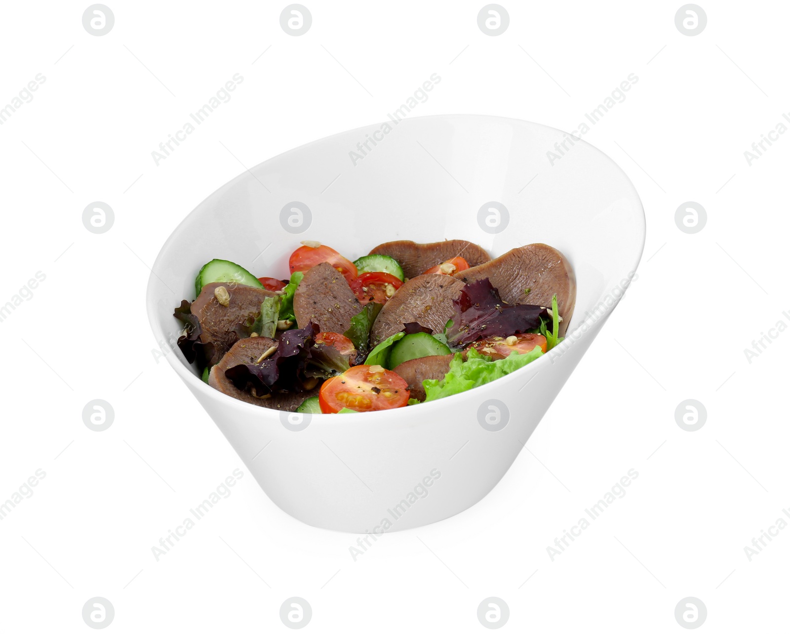 Photo of Delicious salad with beef tongue and vegetables isolated on white