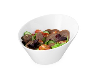 Delicious salad with beef tongue and vegetables isolated on white