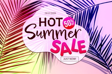 Image of Hot summer sale flyer design with palm leaves on bright background