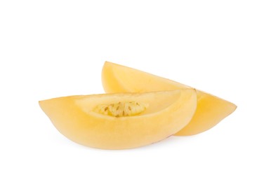 Photo of Slices of fresh ripe pepino melon on white background