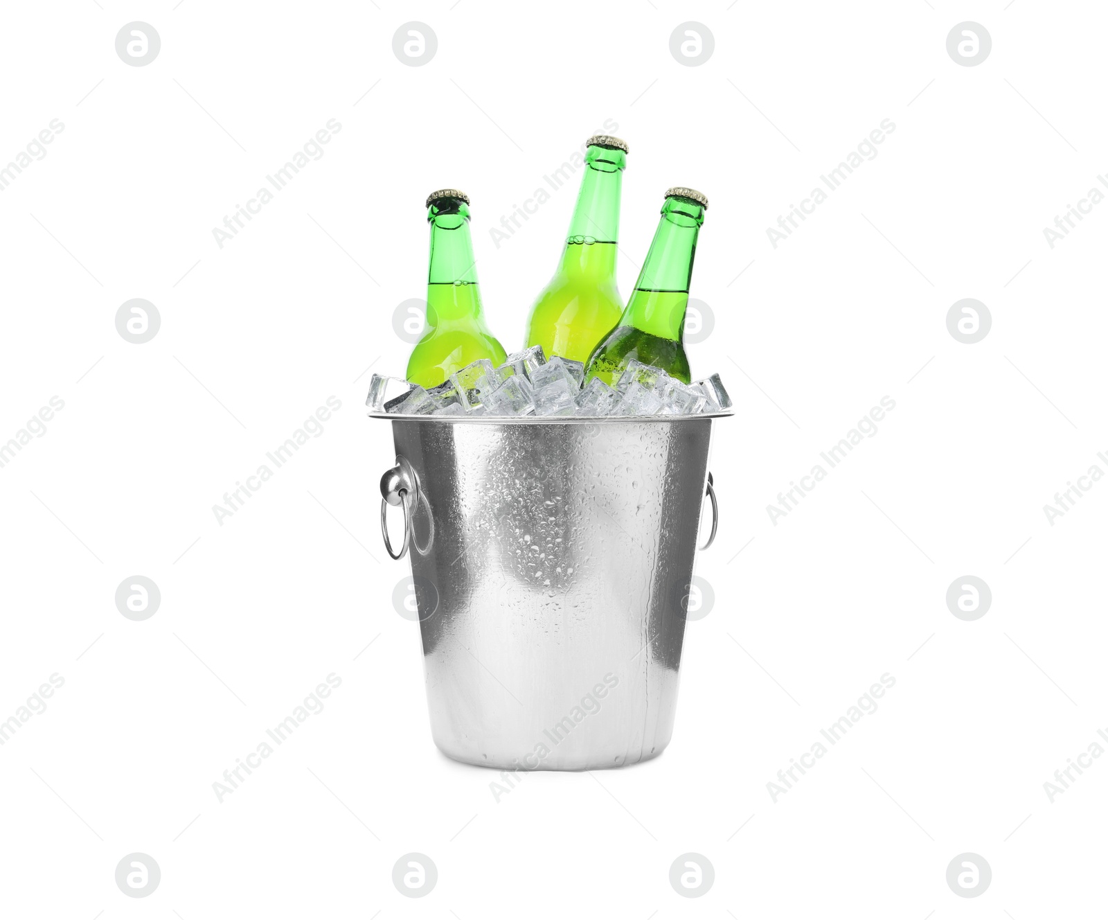 Photo of Metal bucket with bottles of beer and ice cubes isolated on white