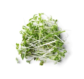 Photo of Pile of fresh microgreen isolated on white, top view