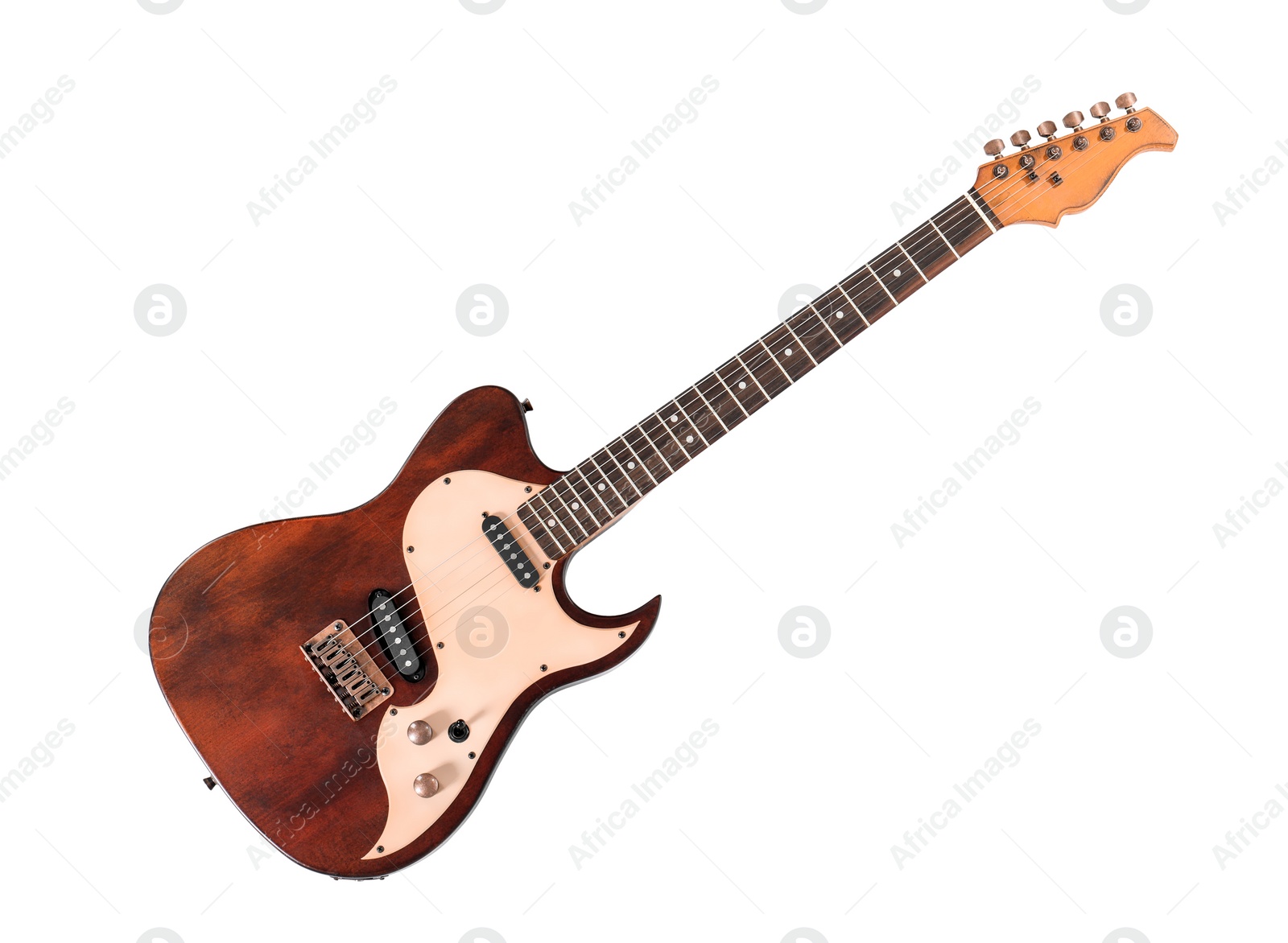 Photo of Electric guitar on white background, top view