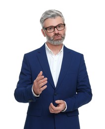 Photo of Mature businessman in stylish clothes posing on white background