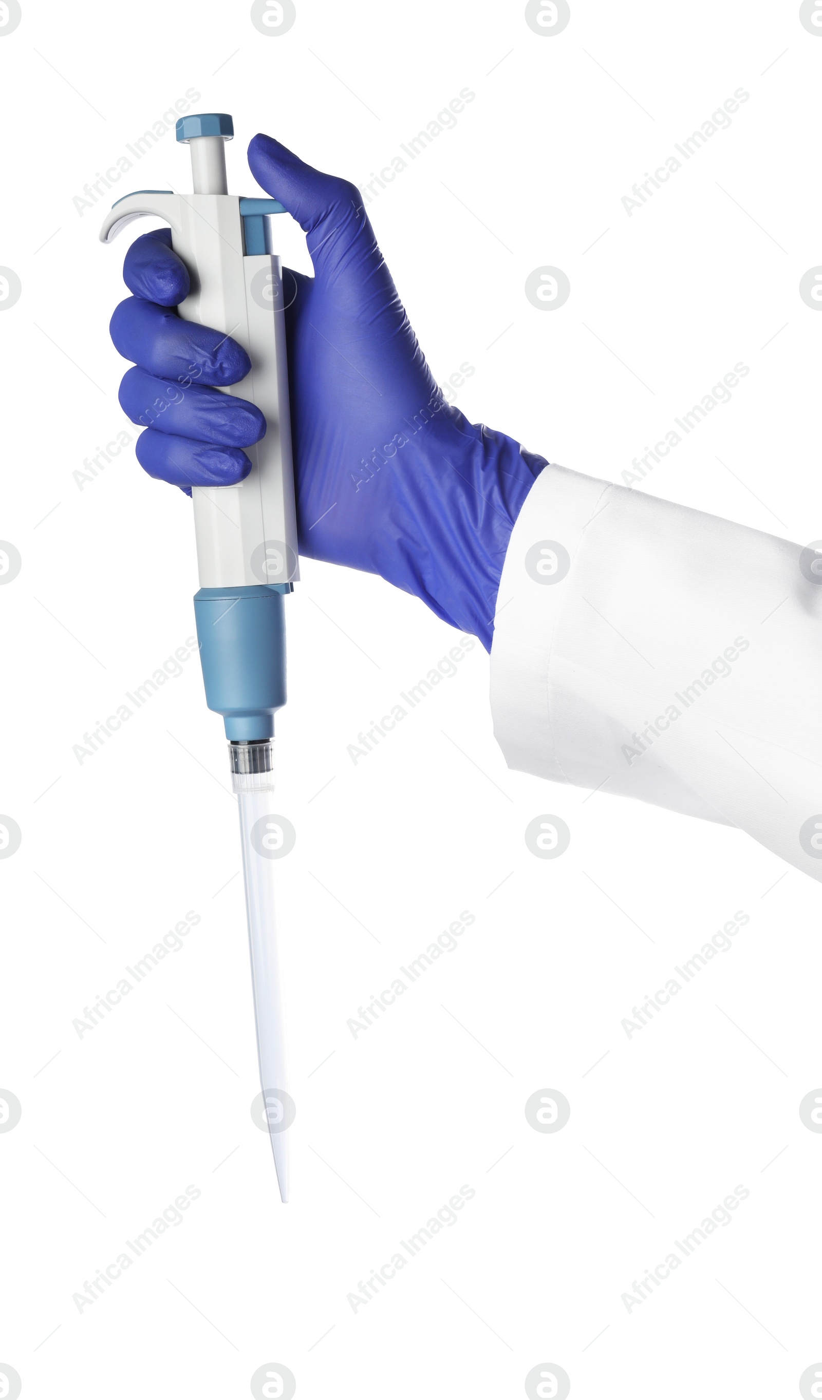 Photo of Laboratory analysis. Scientist holding micropipette on white background, closeup