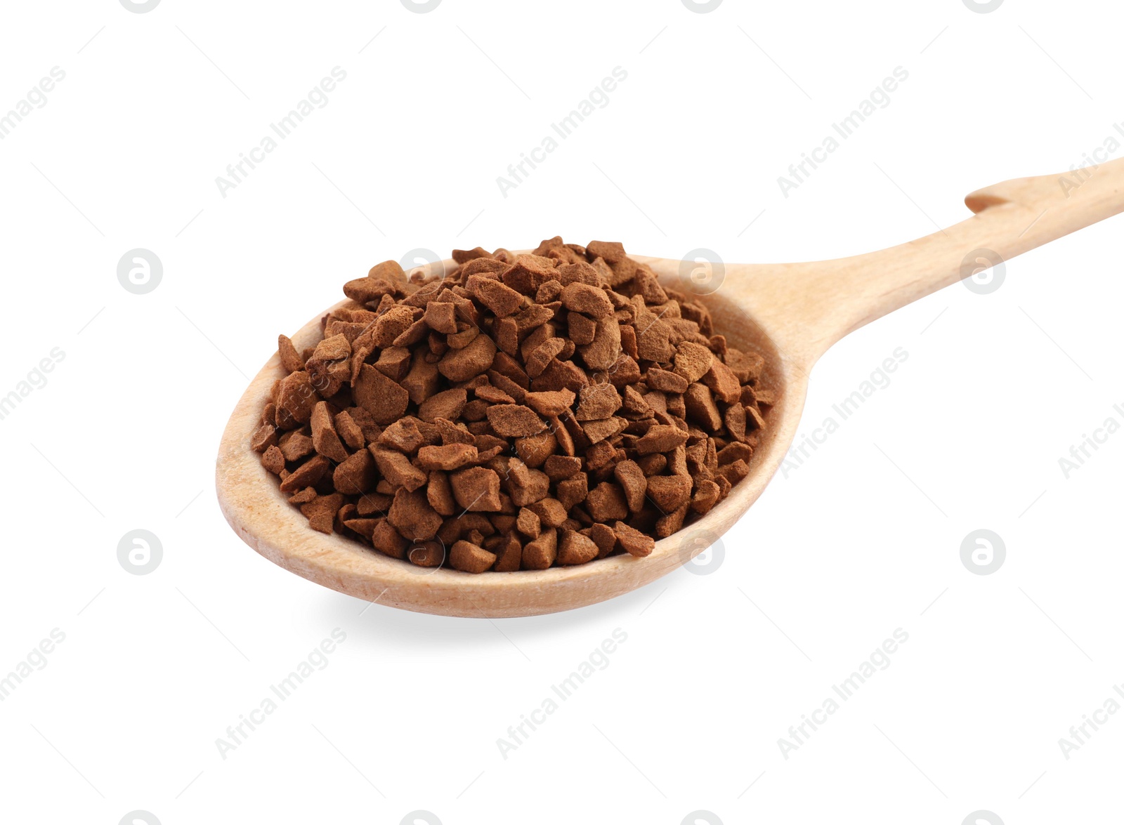 Photo of Wooden spoon with aromatic instant coffee isolated on white