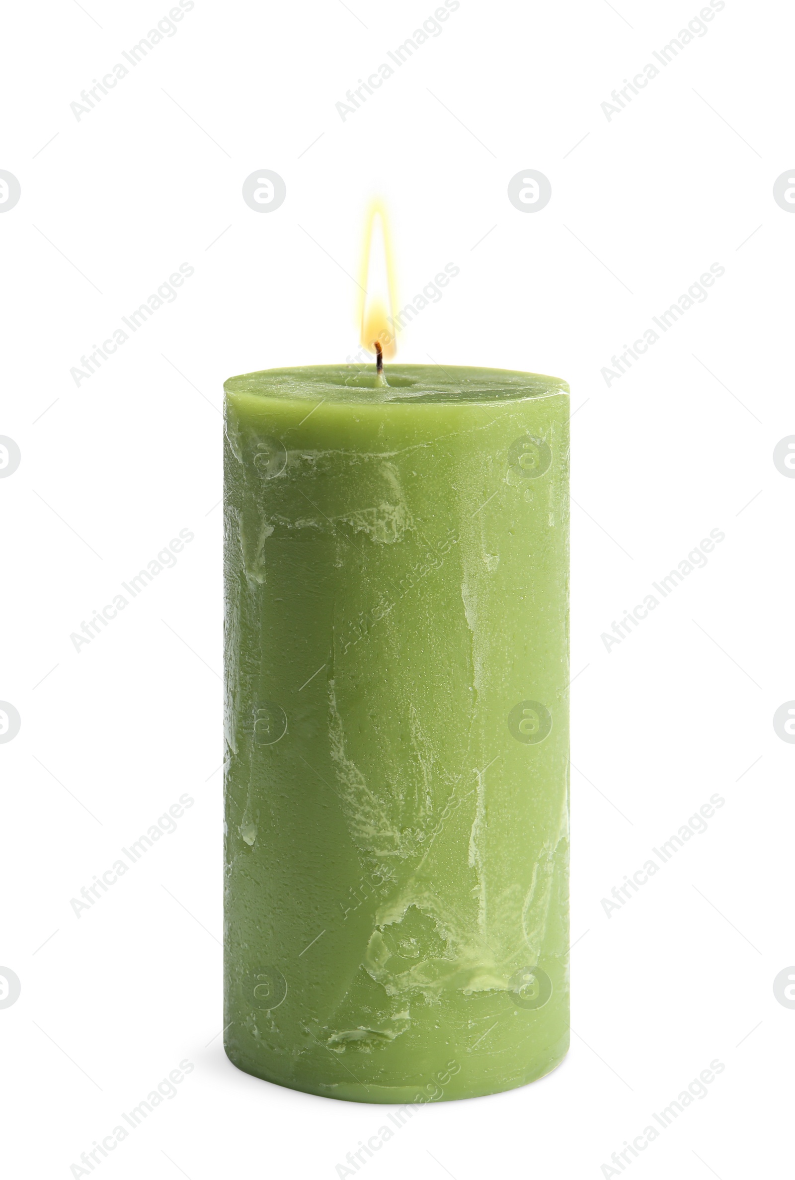 Photo of Decorative green wax candle on white background