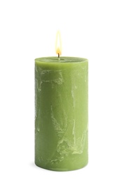 Photo of Decorative green wax candle on white background