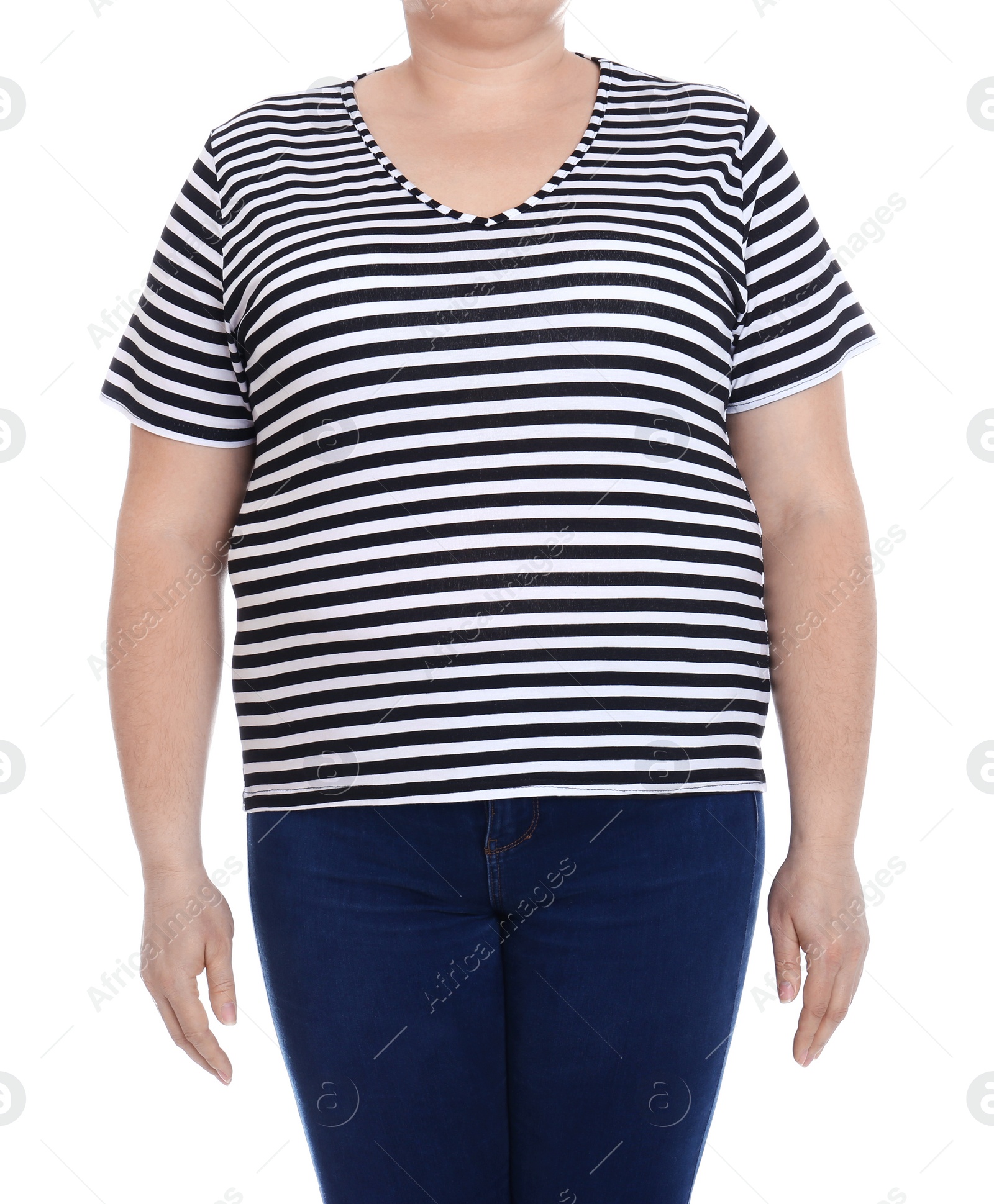 Photo of Overweight woman on white background, closeup. Weight loss